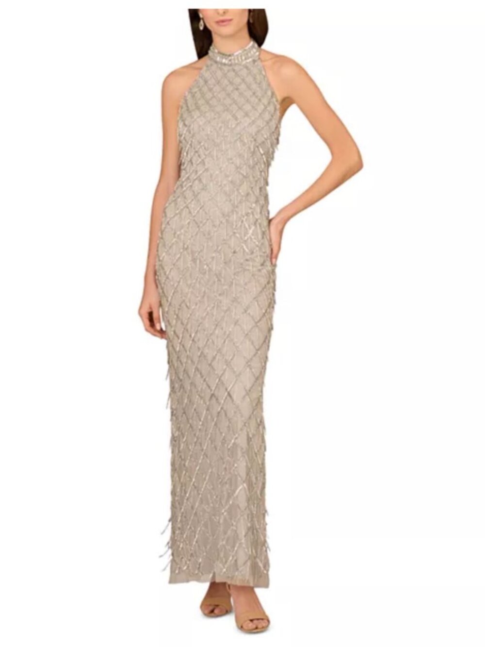 Aidan Mattox Beaded Halter Gown in Silver, purchased from Bloomingdales